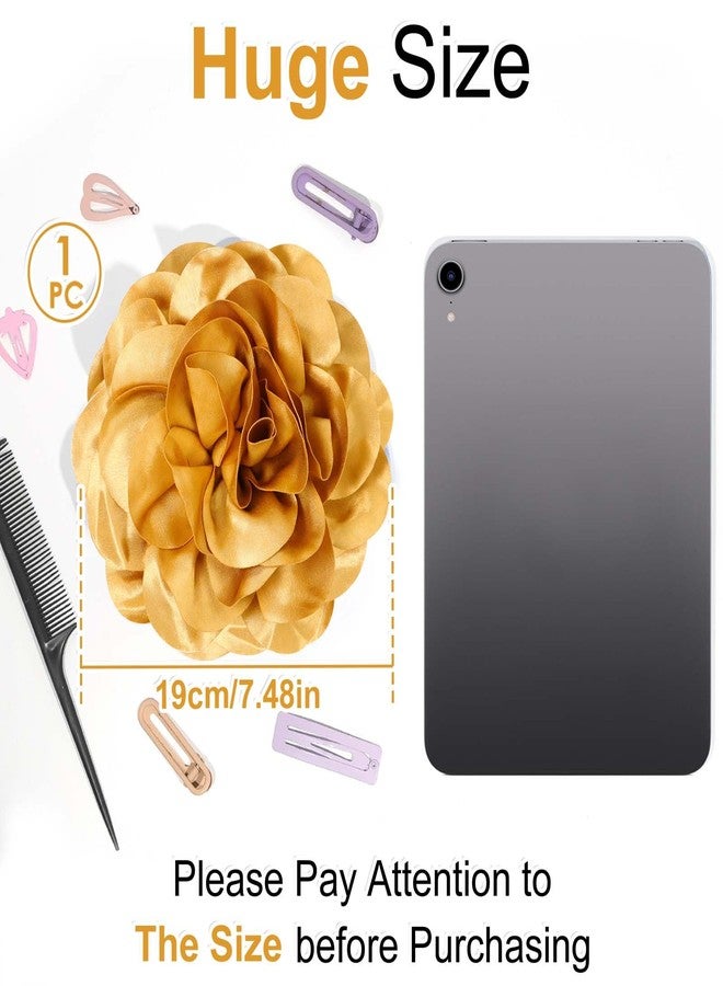 YOGEYOGE Big Flower Dainty Satin Fabric Rose Flower Brooches Large Rose Flowers Satin Lapel Brooches for Women Wedding Dinner Party Decoration 7.48 Inches (Gold) - Image 2